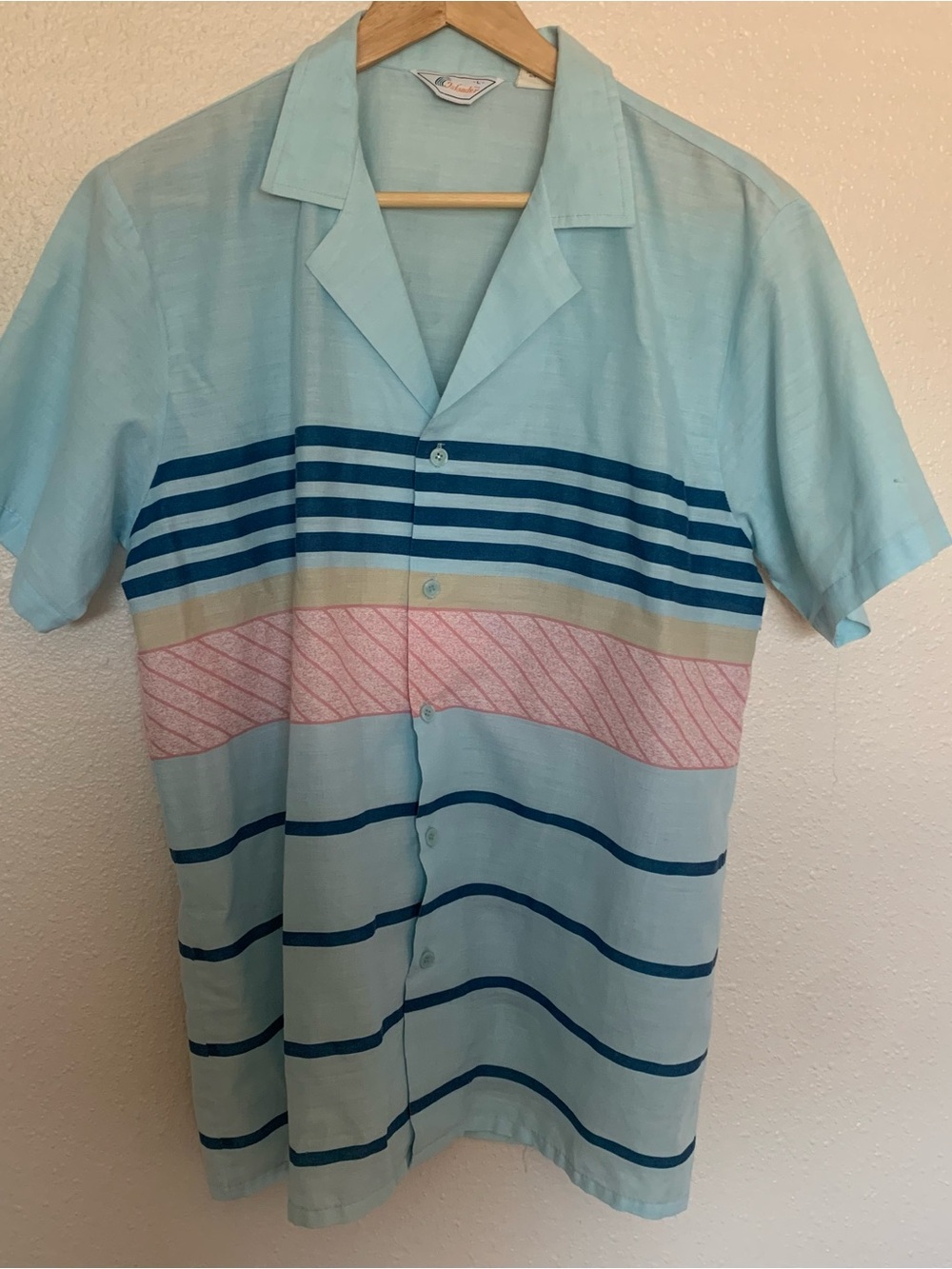 Islander Light Blue Short-Sleeve Button-Down with Navy and Pink Stripes